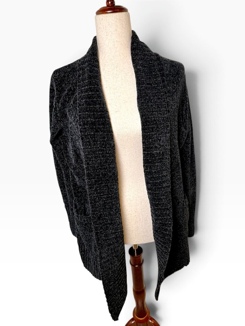 Orvis Black Gray Marled Chenille Open Front Cardigan Sweater Medium
